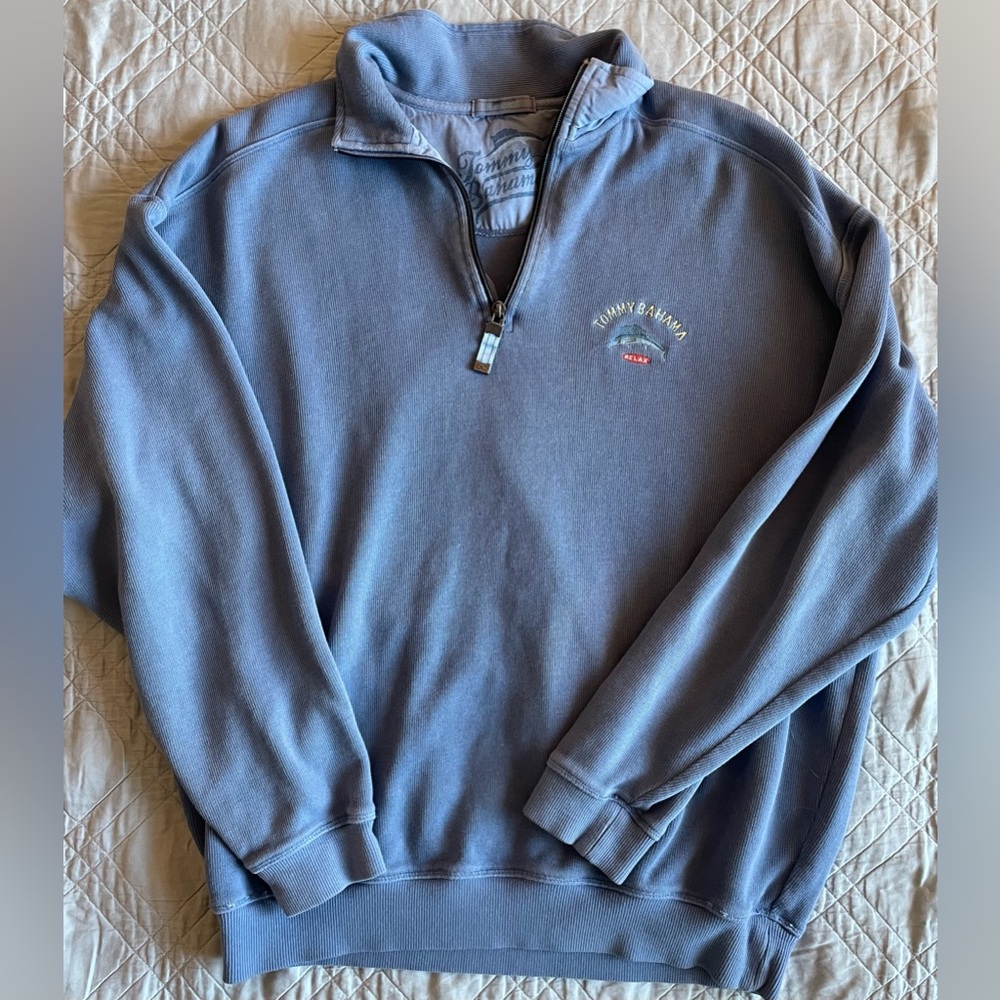 Tommy Bahama Chest Logo High Neck 1/4 Zip Soft Fine Rib Pull Over in Blue Size S - Picture 2 of 6